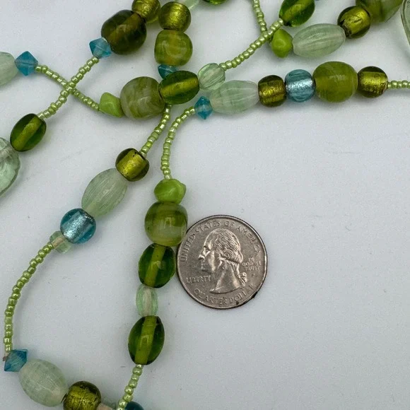 Long Art Glass Bead Strand Necklace Green Turquoise Blue Boho Mixed Media 41 In - Picture 8 of 8